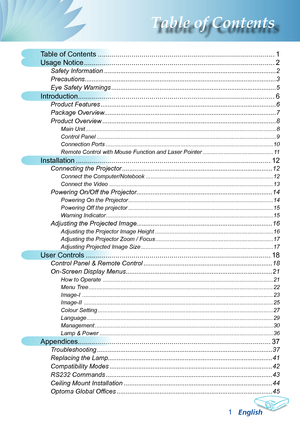 Page 3
English
Table of Contents
Table of Contents ........................................................................\
.................
Usage Notice  ........................................................................\
........................2
Safety Information  ........................................................................\
........................2
Precautions........................................................................\
...................................3
Eye...