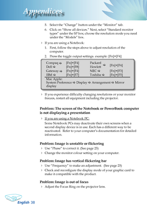 Page 40
English38
Appendices

5. Select the “Change” button under the “Monitor” tab.
6.  Click on “Show all devices.” Next, select “Standard monitor 
types” under the SP box; choose the resolution mode you need 
under the “Models” box. 
 If you are using a Notebook:
1.  First, follow the steps above to adjust resolution of the 
computer.
2.  Press the toggle output settings. example: [Fn]+[F4]
Compaq   
[Fn]+[F4]
Dell    [Fn]+[F8]
Gateway   [Fn]+[F4]
IBM     [Fn]+[F7]
Mac Apple: System Preference  Display...