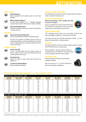 Page 3EP776/EP782
EaSY To USE
 Quiet operation
 Optoma  patented  tunnel  cooling  system  for  near  silent 
operation.
� 
Multi-Language Support
 The  OSD  menu  supports  up  to  17  European  languages 
including French, German, Polish, Dutch, Swedish and Arabic.
� Easy Lamp Replacement 
  The lamp can easily be replaced in situ even if the projector 
is ceiling mounted.
SECURiTY
 Password Protected operation
 Acts as a theft deterrent & prevents unauthorised usage
  Key  Pad  Lock:  provides  an...