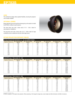 Page 5LENS
The centred lens design allows greater flexibility, ensuring the projector 
can be easily installed.
OPTIONAL LENSES
Easily attached short and long throw lenses give you the option to install 
the EP783S in different sized locations.
The  short  throw  lens  with  a  throw  ratio  of  1.6  -  1.92  is  ideal  for  
rear-projection installations.
The  long  throw  lens  with  a  throw  ratio  of  2.4  -  2.88  is  ideal  for  large 
conference rooms, auditoriums and any other large venue. 
EP783S...