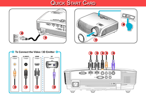 Page 1VGA / YPbPrS-VIDEOVIDEO 3D SYNC
Out (5V)
AUDIO-OUT
RS-232
HDMI 1
HDMI 2
AUDIO-IN-R
AUDIO-IN-L
Qu i c k St a r t ca r d
8
71
2
POWER?
To Connect the Video / 3D Emitter
3
VIDEOOutput
5
HDMIOutput3DOutput
6
3556
4
S-VIDEOOutput
4     