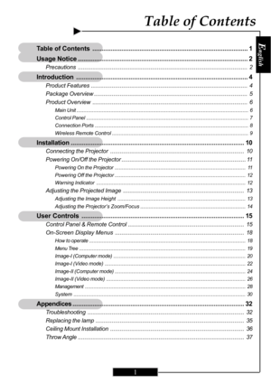 Page 1E
nglish
1
Table of Contents
Table of Contents...................................................................................... 1
Usage Notice.............................................................................................. 2
Precautions......................................................................................................... 2
Introduction............................................................................................... 4
Product...