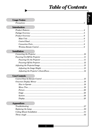 Page 1
E
nglish
1
Usage Notice
Precautions ........................................................................\
.............................................. 2
Introduction
Product Features........................................................................\
..................................... 4
Package Overview ........................................................................\
................................... 5
Product Overview...