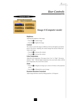 Page 17English
17
Audio Image-IImage-II Language Management
Brightness
Contrast
Color Temp.Zoom
Keystone
Computer mode
Brightness
Adjusting the brightness of the image.
Press the       to darken image.
Press the       to lighten the image.
Contrast
The contrast controls the degree of difference between the lightest and darkest
parts of  the picture. Adjusting  the contrast changes the amount of black and
white in the image.
Press the       to decrease the contrast.
Press the       to increase the contrast....