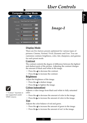 Page 21English
21
English
21
Image-I
Display Mode
There are five factory presets optimized for various types of
pictures: Cinema, Normal, Vivid ,Dynamic and User. You can
customize contrast, brightness, color, tint, sharpness, and gamma
for each preset mode.
Contrast
The contrast controls the degree of difference between the lightest
and darkest parts of the picture. Adjusting the contrast changes
the amount of black and white in the image.
4Press the  to decrease the contrast.
4Press the  to increase the...