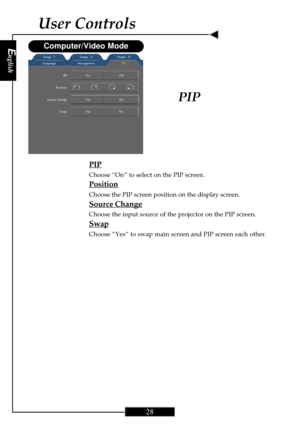 Page 28English
28
English
28
PIP
Choose “On” to select on the PIP screen.
Position
Choose the PIP screen position on the display screen.
Source Change
Choose the input source of the projector on the PIP screen.
Swap
Choose “Yes” to swap main screen and PIP screen each other.
PIP
User Controls
PIP
Position
Source change
Swap
Computer/Video Mode
On Off
Yes N o
Yes N o Image - I Image - II Image - III
LanguageManagementPIP   