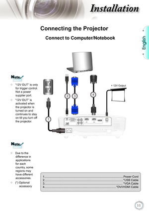 Page 11
11

English

nstallation
SERVICEVGA/SCART/YPbPrYVIDEO
PbPrHDMI 1HDMI 212V OUT
E62405SPR
MOLEX
 Connecting the Projector
 Connect to Computer/Notebook
1
3
1.........................................................................\
...........................Power Cord2.........................................................................\
...........................*USB Cable3.........................................................................\
..........................*VGA...