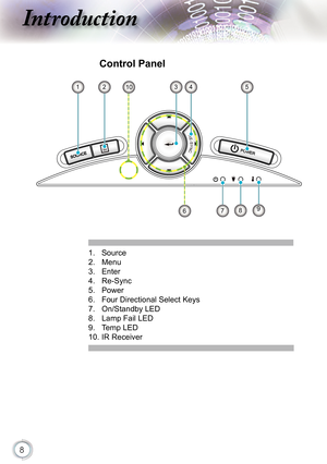 Page 8
8

ntroduction

 Control Panel
1.  Source
2.  Menu 
3.  Enter
4.  Re-Sync
5.  Power
6.  Four Directional Select Keys
7.  On/Standby LED 
8.  Lamp Fail LED  
9.  Temp LED
10. IR Receiver
POWERSOURCE
6
51234
987
10 