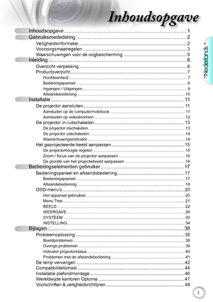Page 1

Nederlands

Inhoudsopgave.........................................................................\
...............1
Gebruiksmededeling.........................................................................\
......2
Veiligheidsinformatie........................................................................\
..............2
Voorzorgsmaatregelen.........................................................................\
..........3
Waarschuwingen.voor.de.oogbescherming...