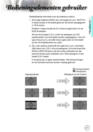 Page 27

Nederlands

Bedieningselementen gebruikerBedieningselementen gebruiker
Bedieningselementen gebruikerBedieningselementen gebruiker

Weergavegebied
Beeldgebied
Weergave.op.het.scherm
LBX  formaat
16:9  formaatof
4:3  formaat
Ingangssignaal
Gedetailleerde.informatie.over.de.Letterbox-modus:
1...Sommige.Letterbox.DVD’s.zijn.niet.toegerust.voor.16x9. TV’s..
In.deze.situatie.is.het.beeld.goed.als.het.wordt.weergegeven.
in.16:9-modus.
Probeer.in.deze.situatie.de.4:3.modus.te.gebruiken.om.de....