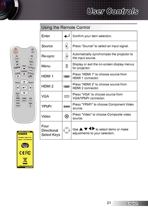 Page 21English21
User Controls
Using the Remote Control
EnterConfirm your item selection.
SourcePress “Source” to select an input signal.
Re-syncAutomatically synchronizes the projector to 
the input source.
MenuDisplay or exit the on-screen display menus 
for projector.
HDMI 1Press “HDMI 1” to choose source from  
HDMI 1 connector.
HDMI 2Press “HDMI 2” to choose source from 
HDMI 2 connector.
VGAPress “VGA” to choose source from 
VGA/YPbPr connector.
YPbPrPress “YPbPr” to choose Component Video 
source....