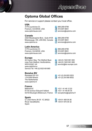 Page 57English57
Appendices
Optoma Global Offices
USA3178 Laurelview Ct.Fremont, CA 94538, USAwww.optomausa.com
Canada2420 Meadowpine Blvd., Suite #105Mississauga, ON, L5N 6S2, Canadawww.optoma.ca
Latin America3178 Laurelview Ct.Fremont, CA 94538, USAwww.optomausa.com
Europe42 Caxton Way, The Watford Busi-ness Park Watford, Hertfordshire, WD18 8QZ, UKwww.optoma.euService Tel: +44 (0)1923 691865
Benelux BVRandstad 22-1231316 BW AlmereThe Netherlandswww.optoma.nl
FranceBâtiment E81-83 avenue Edouard Vaillant...