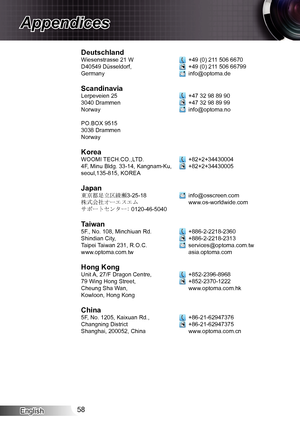 Page 58English58
Appendices
DeutschlandWiesenstrasse 21 WD40549 Düsseldorf,Germany
ScandinaviaLerpeveien 253040 DrammenNorway
PO.BOX 95153038 DrammenNorway
KoreaWOOMI TECH.CO.,LTD.4F, Minu Bldg. 33-14, Kangnam-Ku, seoul,135-815, KOREA
Japan東京都足立区綾瀬3-25-18株式会社オーエスエムサポートセンター: 0120-46-5040
Taiwan5F., No. 108, Minchiuan Rd.Shindian City,Taipei Taiwan 231, R.O.C.www.optoma.com.tw
Hong KongUnit A, 27/F Dragon Centre,79 Wing Hong Street,Cheung Sha Wan,Kowloon, Hong Kong
China5F, No. 1205, Kaixuan Rd.,Changning...