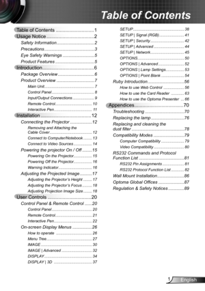 Page 11English
Table of Contents ............................1
Usage Notice ...................................2
Safety Information ...............................2
Precautions  .........................................3
Eye Safety Warnings  ..........................5
Product Features ................................5
Introduction ......................................6
Package Overview  ..............................6
Product Overview  ...............................7
Main Unit...