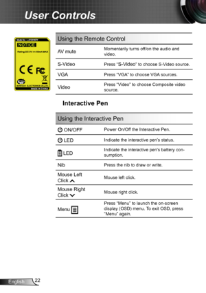 Page 2222English
User Controls
Using the Remote Control
AV muteMomentarily turns off/on the audio and 
video.
S-Video Press “S-Video” to choose S-Video source.
VGAPress “VGA” to choose VGA sources.
VideoPress “Video” to choose Composite video 
source.
Interactive Pen
Using the Interactive Pen
 ON/OFF Power On/Off the Interactive Pen.
 LED Indicate the interactive pen’s status.
 LED Indicate the interactive pen’s battery con-
sumption.
Nib  Press the nib to draw or write.
Mouse Left  
Click Mouse left click....