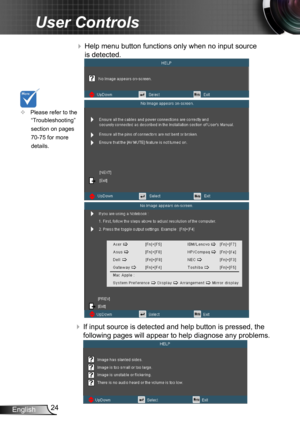 Page 2424English
User Controls
 Help menu button functions only when no input source 
is detected.
 If input source is detected and help button is pressed, the 
following pages will appear to help diagnose any problems.
	Please refer to the 
“Troubleshooting” 
section on pages 
70-75 for more 
details. 