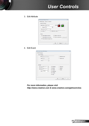 Page 4949English
User Controls
3. Edit Attribute
4. Edit Event 
 
For more information, please visit
http://www.crestron.com & www.crestron.com/getroomview. 