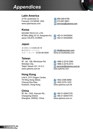 Page 8888English
Appendices
Latin America
3178 Laurelview Ct.   888-289-6786
Fremont, CA 94538, USA   510-897-8601
www.optomausa.com  services@optoma.com
Korea
WOOMI TECH.CO.,LTD.
4F,Minu Bldg.33-14, Kangnam-Ku,   +82+2+34430004
seoul,135-815, KOREA  +82+2+34430005
Japan
東京都足立区綾瀬3-25-18
株式会社オーエスエム  info@osscreen.com
サポートセンター:0120-46-5040 www.os-worldwide.com
Taiwan
5F., No. 108, Minchiuan Rd.   +886-2-2218-2360
Shindian City,    +886-2-2218-2313
Taipei Taiwan 231, R.O.C.  services@optoma.com.tw...