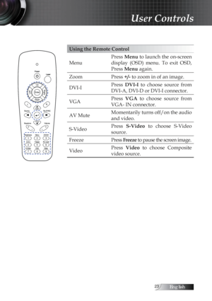 Page 23English
Using the Remote Control
MenuPress 
Menu to launch the on-screen 
display  (OSD)  menu.  To  exit  OSD, 
Press Menu again.
Zoom Press +/- to zoom in of an image.
DVI-I Press 
DVI-I  to  choose  source  from 
DVI-A, DVI-D or DVI-I connector.
VGA Press 
VGA  to  choose  source  from 
VGA- IN connector.
AV Mute Momentarily turns off/on the audio 
and video.
S-Video Press 
S-Video  to  choose  S-Video 
source.
Freeze Press Freeze  to pause the screen image.
Video Press  Video  to  choose...
