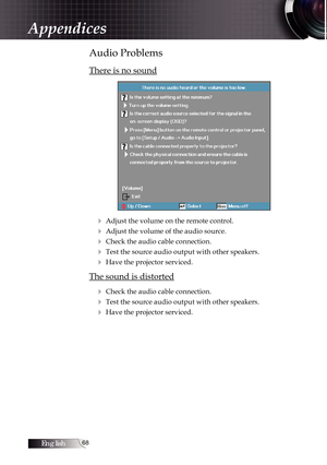 Page 68English68
Audio Problems
There is no sound
4 Adjust the volume on the remote control. 
4 Adjust the volume of the audio source.
4 Check the audio cable connection.
4 Test the source audio output with other speakers.
4 Have the projector serviced.
The sound is distorted4
 Check the audio cable connection.
4 Test the source audio output with other speakers.
4 Have the projector serviced.
Appendices 