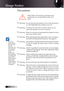 Page 4English
Precautions
Please follow all warnings, precautions and  maintenance as recommended in this user’s guide.
▀■ Warning - Do not look into the projector’s lens when the lamp is  on. The bright light may damage your eyes.
▀■ Warning - To reduce the risk of fire or electric shock, do not   
expose this projector to rain or moisture.
▀■ Warning - Please do not open or disassemble the projector as this  may cause electric shock.
▀■ Warning - When replacing the lamp, please allow unit to cool down,...