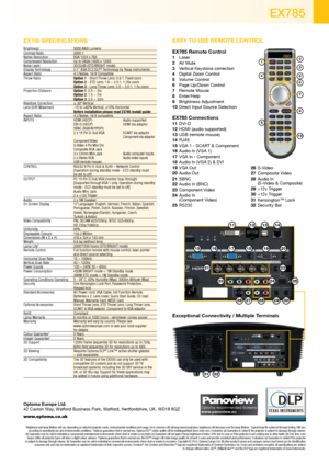 Page 4Optoma Europe Ltd.
42 Caxton Way, Watford Business Park, Watford, Hertfordshire, UK. WD18 8QZ
www.optoma.co.uk
1Brightness and lamp lifetime will vary depending on selected projector mode, environmental conditions and usage. As is common with all lamp based projectors, brightness will decrease over the lamp lifetime. 2Typical lamp life achieved through testing. Will vary 
according to operational use and environmental conditions. 3Optoma guarantees that in normal use, Optoma DLP® colour quality will be...