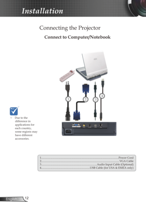 Page 12
2English

Installation

Connecting the Projector
	Due to the  difference in applications for each country, some regions may have different accessories.
Connect to Computer/Notebook
123
1...............................................................................................................Power Cord2................................................................................................................VGA...