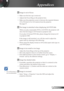 Page 43
43English

Appendices

 Image is out of focus
 Make sure the lens cap is removed.
 Adjusts the Focus Ring on the projector lens. 
 Make sure the projection screen is between the required distance 
3.9 to 39.4 feet (1.2 to 12.0 meters) from the projector.  
See page 17.
 The image is stretched when displaying 16:9 DVD title
When you play anamorphic DVD or 16:9 DVD, the projector will 
show the best image in 16:9 format on projector side.
If you play 4:3 format DVD title, please change the format as...