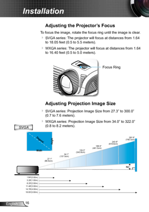 Page 1616
English
Installation
Adjusting the Projector’s Focus
To focus the image, rotate the focus ring until the image is clear.  
 SVGA series: The projector will focus at distances from 1.64 
to 18.05 feet (0.5 to 5.5 meters).
 WXGA series: The projector will focus at distances from 1.64 
to 16.40 feet (0.5 to 5.0 meters).
Focus Ring
Adjusting Projection Image Size
Hd
297.8
(756.3cm)
27.1 
(68.8cm) 54.1
(137.5cm) 135.3
(343.8cm) 189.5
(481.3cm) 243.6
(618.8cm)
1.64 (0.50m)
18.05(5.50m) 14.76(4.50m)...