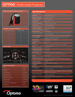 Page 2GT700 | Multimedia Projector
All Specifications are subject to change without notice. ©2010 Optoma Technology, Inc. DLP® and the DLP logo are 
registered trademarks of Texas Instraments. All other names mentioned herein are property of their respective owners.
Data-GT700-0310
BL-FP180E
BR-3052N
BK-4029
BC-PUPIXY01
BC-PUPIXY11
BC-HMHMXX08
BC-COCOXX02
BC-VGVGXX02
BC-VGVGXX05
CRVGYX00
BM-5001U
DS-9092PMG+
Optional Accessories
Lamp:
Remote Control:
Backpack
Power Cord (1m):
Power Cord (11m):
HDMI Cable...