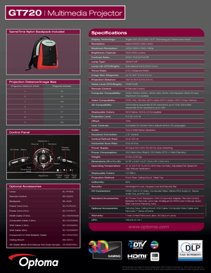 Page 2GT720 | Multimedia Projector
All Specifications are subject to change without notice. ©2010 Optoma Technology, Inc. DLP® and the DLP logo are 
registered trademarks of Texas Instraments. All other names mentioned herein are property of their respective owners.
Data-GT720-0310
BL-FP180E
BR-3052N
BK-4029
BC-PUPIXY01
BC-PUPIXY11
BC-HMHMXX08
BC-COCOXX02
BC-VGVGXX02
BC-VGVGXX05
BC-CRVGYX00
BM-5001U
DS-9092PMG+
Optional Accessories
Lamp:
Remote Control:
Backpack:
Power Cord (1m):
Power Cord (11m):
HDMI Cable...