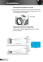 Page 1616English
Installation
Adjusting the Projector’s Focus
To focus the image, rotate the focus ring until the image is clear.  
 WXGA series: The projector will focus at distances from 1.64 
to 16.40 feet (0.5 to 5.0 meters).
Focus Ring
Adjusting Projection Image Size
 WXGA series: Projection Image Size from 34.0” to 322.0” 
(0.8 to 8.2 meters).
Width
Height
Diagonal
Top View
Side View Projection Distance (D)
Projection Distance (D) Screen
Screen
Screen (W)
Screen (H)
Offset (Hd)          