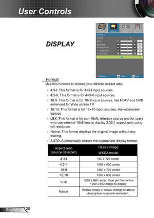 Page 2828English
User Controls
DISPLAY
 Format
Use this function to choose your desired aspect ratio.
  4:3-I: This format is for 4×3-I input sources.
  4:3-II: This format is for 4×3-II input sources.
  16:9: This format is for 16×9 input sources, like HDTV and DVD 
enhanced for Wide screen TV. 
  16:10: This format is for 16×10 input sources, like widescreen 
laptops.
  LBX: This format is for non-16x9, letterbox source and for users 
who use external 16x9 lens to display 2.35:1 aspect ratio using 
full...