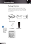 Page 6
6English

 Introduction

	Due to different applications in each Country, some regions may have different accessories.
Power Cord .8m
IR Remote Control
	Package	Overview
Unpack	and	inspect	the	box	contents	to	ensure	
all	parts	listed	below	are	in	the	box.	If	something	
is	missing,	please	contact	your	nearest	customer	
service	center.
Documentation : 
	User’s Manual
	Warranty Card
	Quick Start Card
	WEEE Card  (for EMEA only)
2 × AAA Batteries
Projector with lens cap 
POWER?
/?
VGA Cable .8m 