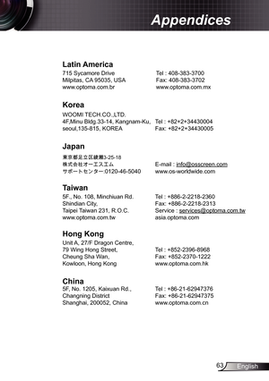 Page 63
63English

Appendices

Latin	America
75 Sycamore Drive   Tel : 408-383-3700
Milpitas, CA 95035, USA  Fax: 408-383-3702
www.optoma.com.br  www.optoma.com.mx  
Korea
WOOMI TECH.CO.,LTD.
4F,Minu Bldg.33-4, Kangnam-Ku,  Tel : +82+2+34430004
seoul,35-85, KOREA  Fax: +82+2+34430005
Japan
東京都足立区綾瀬 3-25-8
株式会社オーエスエム E-mail : info@osscreen.com
サポートセンター:020-46-5040 www.os-worldwide.com
Taiwan
5F., No. 08, Minchiuan Rd.   Tel : +886-2-228-2360
Shindian City,    Fax:...