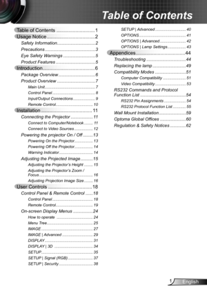 Page 11English
Table of Contents ............................1
Usage Notice ...................................2
Safety Information ...............................2
Precautions  .........................................3
Eye Safety Warnings  ..........................5
Product Features ................................5
Introduction ......................................6
Package Overview  ..............................6
Product Overview  ...............................7
Main Unit...