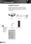 Page 66English
Introduction
	Due to different applications in each country, some regions may have different accessories.
Power Cord
Package Overview
Unpack and inspect the box contents to ensure 
all parts listed below are in the box. If something 
is missing, please contact your nearest customer 
service center.
2 × AAA Batteries
ProjectorVGA Cable 
IR Remote Control
Documentation : 
	User’s Manual
	Warranty Card
	Quick Start Card
	WEEE Card   (for EMEA only)
	STOP Card   (for US Only)  