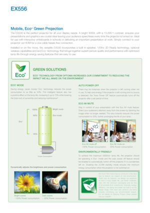 Page 2EX556
Eco+ moDE
Saving  energy,  saves  money!  Eco+  technology  reduces  the  power 
consumption  to  as  little  as  30%.  This  intelligent  feature  also  has   
a positive effect on the lamp life, increasing it up to 70% while lowering 
the total cost of ownership and reducing maintenance*. 
100%
80%
30% Eco mode
Bright mode
Eco+ 
Power Consumption
Dynamically adjusts the brightness and power consumption  
Bright scene
~100% Power consumption
Dark scene
~ 30% Power consumption
Auto PowEr off
There...