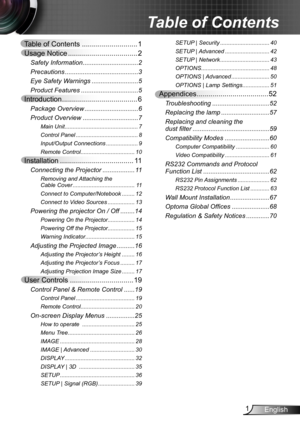 Page 11English
Table of Contents ............................1
Usage Notice ...................................2
Safety Information ...............................2
Precautions  .........................................3
Eye Safety Warnings  ..........................5
Product Features ................................5
Introduction ......................................6
Package Overview  ..............................6
Product Overview  ...............................7
Main Unit...