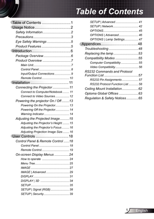 Page 11English
Table of Contents  ............................ 1
Usage Notice  ................................... 2
Safety Information ............................... 2
Precautions  ......................................... 3
Eye Safety Warnings  .......................... 5
Product Features  ................................ 5
Introduction ...................................... 6
Package Overview .............................. 6
Product Overview  ............................... 7
Main Unit...