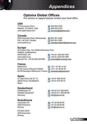 Page 6363English
Appendices
Optoma Global Offices
For service or support please contact your local office.
USA
715 Sycamore Drive   408-383-3700
Milpitas, CA 95035, USA  
 408-383-3702 
www.optomausa.com 
 services@optoma.com
Canada
5630 Kennedy Road, Mississauga,  905-361-2582
ON, L4Z 2A9, Canada  
 905-361-2581
www.optoma.ca 
 canadacsragent@optoma.com
 
Europe
42 Caxton Way, The Watford Business Park 
Watford, Hertfordshire,  
WD18 8QZ, UK 
 +44 (0) 1923 691 800
www.optoma.eu  
 +44 (0) 1923 691 888
Service...