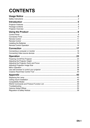 Page 1EN-1
CONTENTS
Usage Notice  ..................................................................................... 2
Safety Instructions  ................................................................................................................. 2
Introduction ....................................................................................... 5
Projector Features  ................................................................................................................. 5
Package Contents...