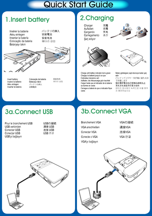 Page 11.Insert battery2.Charging
Insérer la batterie
Akku einlegen
Insertar la batería
Colocação da bateria
Bataryayı takın
Insert battery
Insérer la batterie
Akku einlegen
Insertar la batería
バッテリの挿入
安裝電池
安装电池
배터리 삽입
Colocação da bateria
Bataryayı takın
バッテリの挿入
安裝電池 安装电池
배터리 삽입
Charger
Aufladen
Cargando
Carregamento
Şarj ediyor充電
充電
充电
충전
3b. 
Connect VGA
MOLEX
3a. Connect USB
Pour le branchement USB
USB verbinden
Conectar USB
Conectar USB
USB’yi bağlayın USBの接続連接 USB连接 USB
USB 연결
21
Charge until battery...