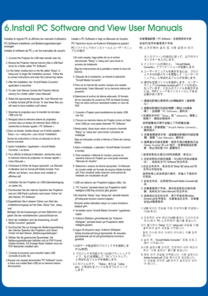 Page 36.Install PC Software and View User Manuals
1.  Connect the Projector for USB data transfer (see 3a) 
2.   Browse the Projector internal memory (like a USB flash 
drive) for a folder called “PC Software”.
3.  In this folder, double-click on the file called “Setup” or 
“setup.exe” to begin the installation process.  Follow the 
on-screen instructions and enter the License Key below.
4.    After the installation, the “Arcsoft Media Convertor” 
application is launched.
5.    To view User Manual, browse the...