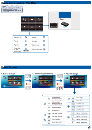 Page 151515
hoW to vIeW DocumentS - vIeW moDe
LED ModeColor Mode Back
Aspect Ratio Gamma Projection
Display Setting
Video SettingMusic Setting Back
Display Setting Slideshow System
Setup
DISplay SettIngS
The button guide disappears when the keypad is not used for 3 seconds.To display the button guide, press any key except  or .
FO C
US
Zoom in 1x ~ 4x 
      
Pan up, down, left, right (in zoom mode)
Page up       Move right       
Move left        
Page down       Exit View mode  
Return to Home menu 
LED Mode:...