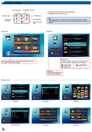 Page 666
Home menu
Submenu Items
Video menu
hoW to uSe the menu
A button guide appears on the lower left corner of most screens (see bel\
ow). The guide varies  depending on the current mode. Press the corresponding button to\
 select the option or operation.
• Press the corresponding button of the desired option.•  Press  to go back a previous screen.Enter Video menu
Select input source signal
Enter Photo menu
Enter Setup menu
Enter Music menuEnter Office Viewer menu
Return to the Home menu
Press the...