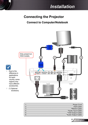 Page 11
English

 Installation
VGA1- IN / SCARTS-VIDEOVIDEORS232AUDIO-OUTAUDIO-INVGA-OUTVGA2- IN
E62405SPR
	Connecting	the	Projector
	Due to the difference in applications for each country, some regions may have different accessories.
	(*) Optional accessory 
	Connect	to	Computer/Notebook

3
.........................................................................\
...........................Power Cord2.........................................................................\...