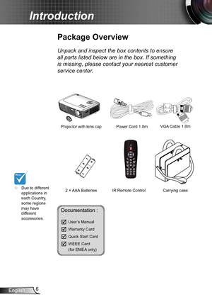 Page 66English
Introduction
Documentation : 
	User’s Manual
	Warranty Card
	Quick Start Card
	WEEE Card   (for EMEA only)
	Due to different applications in each Country, some regions may have different accessories.
Power Cord 1.8m
IR Remote Control
Package Overview
Unpack and inspect the box contents to ensure 
all parts listed below are in the box. If something 
is missing, please contact your nearest customer 
service center.
2 × AAA Batteries
Projector with lens cap VGA Cable 1.8m
HDMI
Carrying case    