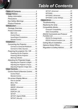 Page 11English
Table of Contents ............................1
Usage Notice ...................................2
Safety Information ...............................2
Precautions  .........................................3
Eye Safety Warnings  ..........................5
Product Features ................................5
Introduction ......................................6
Package Overview  ..............................6
Product Overview  ...............................7
Main Unit...