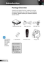 Page 66English
Introduction
Documentation : 
	User’s Manual
	Warranty Card
	Quick Start Card
	WEEE Card   (for EMEA only)
	Due to different applications in each Country, some regions may have different accessories.
Power Cord 1.8m
IR Remote Control
Package Overview
Unpack and inspect the box contents to ensure 
all parts listed below are in the box. If something 
is missing, please contact your nearest customer 
service center.
2 × AAA Batteries
Projector with lens cap VGA Cable 1.8m
HDMI
Carrying case    